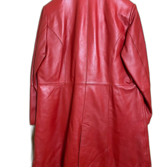 JCCOLLECTION Leather Coat German Half Trench Lined Notched Lapel Womens M Red - Picture 2 of 15